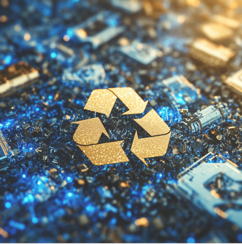 Futuristisch detailbeeld van een accu van een elektrische auto. In het midden is een recyclingsymbool te zien dat bestaat uit drie pijlen.