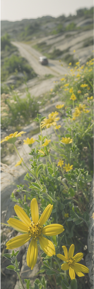 Op de voorgrond gele bloemen badend in het zonlicht. Op de achtergrond een elektrische auto op een grindweg.