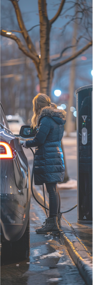 Een vrouw in een winterjas staat naast haar elektrische auto te wachten om te worden opgeladen.