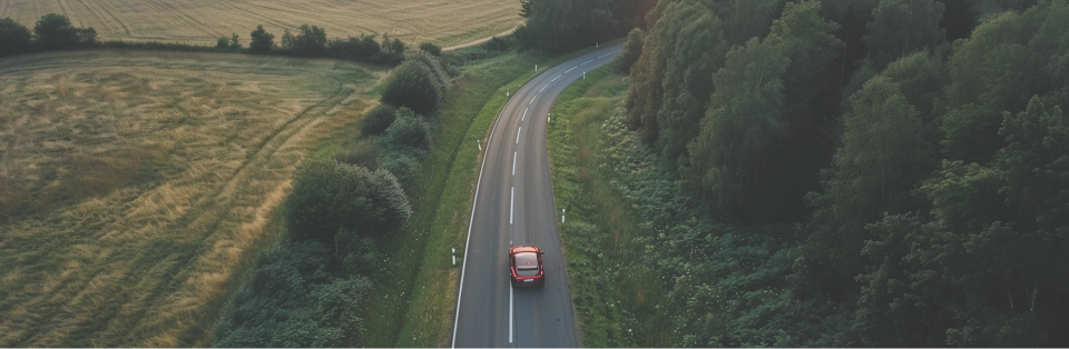 Een rode elektrische auto rijdt over een weg. Links van de weg is een weiland en rechts een bos. Luchtfoto.
