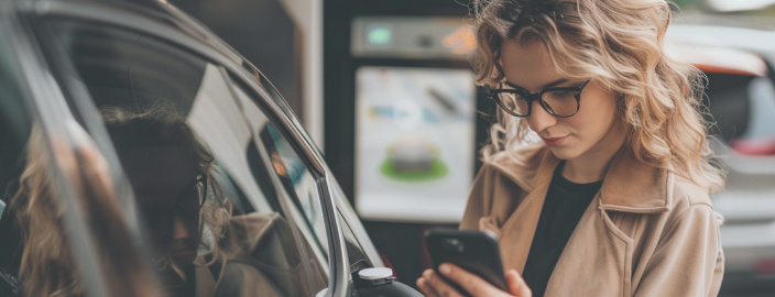 Close-up van een blonde vrouw in een bruine jas die haar smartphone in haar hand houdt. Ze betaalt voor het opladen van haar zwarte elektrische auto, die op de achtergrond te zien is.