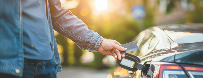 Een persoon laadt zijn zwarte elektrische auto op. Op de voorgrond houdt een hand een oplaadkaart vast. Op de achtergrond gaat de zon onder.