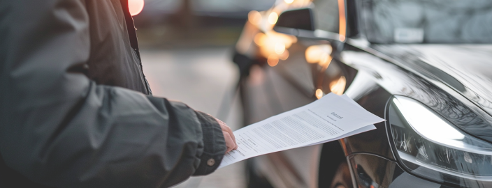 Op de voorgrond staat een man met een zwarte jas die het lidmaatschapscontract in zijn handen houdt. Op de achtergrond wordt zijn zwarte elektrische auto opgeladen. De zon gaat net onder.
