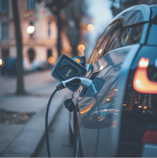 Close-up van een witte elektrische auto die wordt opgeladen.