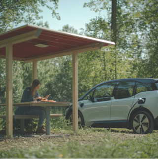 Een vrouw neemt een pauze op een bankje terwijl haar wit met zwarte elektrische auto wordt opgeladen.
