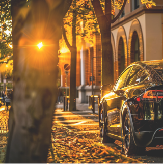 Een blauwe elektrische auto laadt op voor een besneeuwd huis. Op de achtergrond zien we dennenbomen en is het winter.