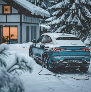 Ein Blaues E-Auto steht vor einem verschneiten Haus und wird aufgeladen. Im Hintergrund sind Tannen zu sehen und es ist Winter.