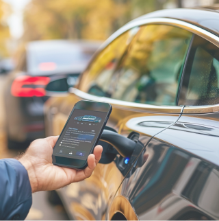 Im Vordergrund hält eine Hand ein Mobiltelefon und sieht den aktuellen Ladestatus eines E Autos. Im Hintergrund wird ein schwarzes E Auto geladen.