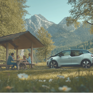 Een gezin zit op een bankje op het platteland en maakt gebruik van de oplaadtijd van hun elektrische auto om even te pauzeren. Hun wit met zwarte elektrische auto staat naast hen geparkeerd. Op de achtergrond een bergpanorama.