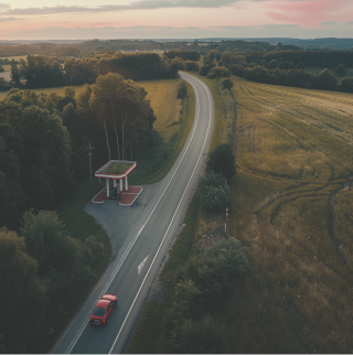 Een rode elektrische auto rijdt langs een benzinestation omdat hij nog niet hoeft te worden opgeladen. De rest van het beeld bestaat uit bossen en weilanden.