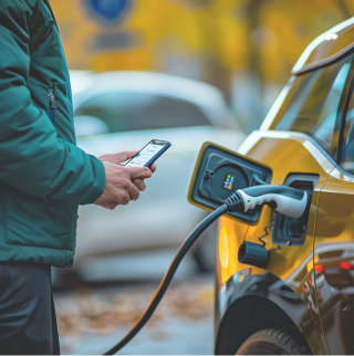 Close-up van een man die de laadstatus van zijn elektrische auto controleert op een app. Op de achtergrond wordt zijn gele elektrische auto opgeladen.