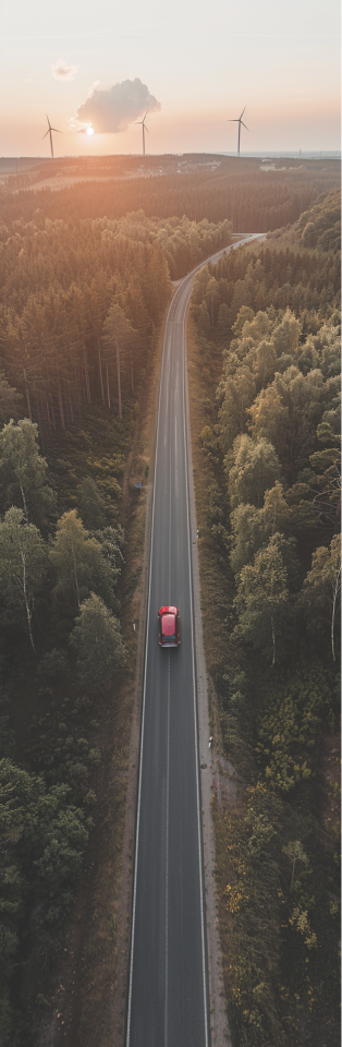 Afbeelding van een rode elektrische auto die tegen zonsondergang over een lange weg door het bos rijdt. Aan de horizon zijn drie windturbines te zien die schone elektriciteit produceren.