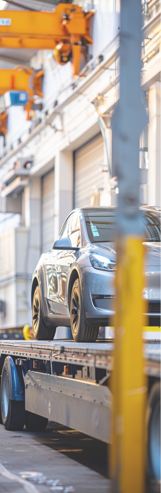 Een grijze elektrische auto op een sleepwagen na pech.