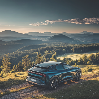 Blauwe elektrische auto in een berglandschap in de zomer.