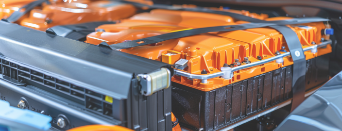 Gedetailleerd beeld van de cellen van een batterij van een elektrische auto met een oranje coating.