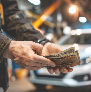 De handen van een man halen drie biljetten uit een portemonnee om de reparaties aan zijn elektrische auto te betalen.