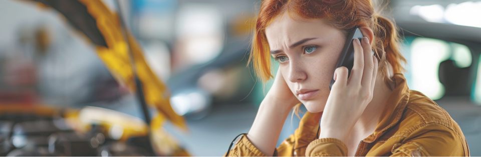 Close-up van een jonge vrouw met rood haar en een geel jack. Ze belt met de pechhulpdienst. Haar kapotte auto is zichtbaar op de achtergrond.