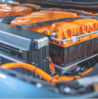 Gedetailleerd beeld van de cellen van een batterij van een elektrische auto met een oranje coating.