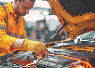 Een monteur in een oranje veiligheidsvest werkt aan de motorruimte van een elektrische auto.