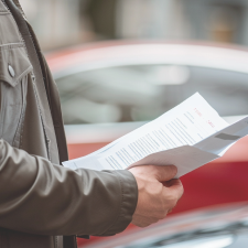 Close-up van een man in een bruine jas die een vel papier vasthoudt met informatie over de garantie op de accu van zijn elektrische auto.