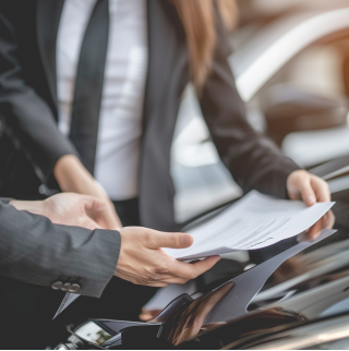 Close-up van een man en een vrouw in pak. Ze houden een vel papier vast met informatie over het verzekeren van hun elektrische auto.