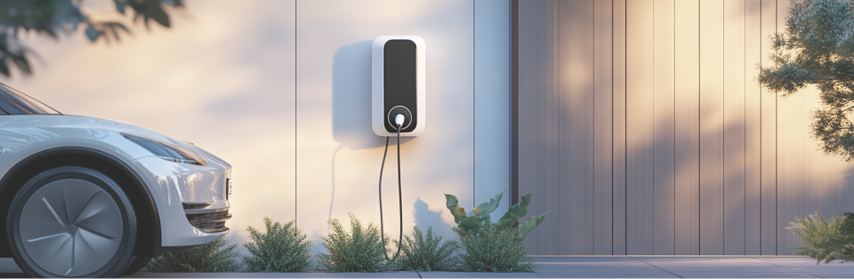 Stopcontact dat zo is bevestigd dat er een elektrische auto op kan worden opgeladen.