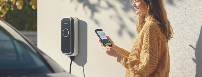 Een vrouw houdt haar mobiele telefoon vast terwijl haar elektrische auto wordt opgeladen.