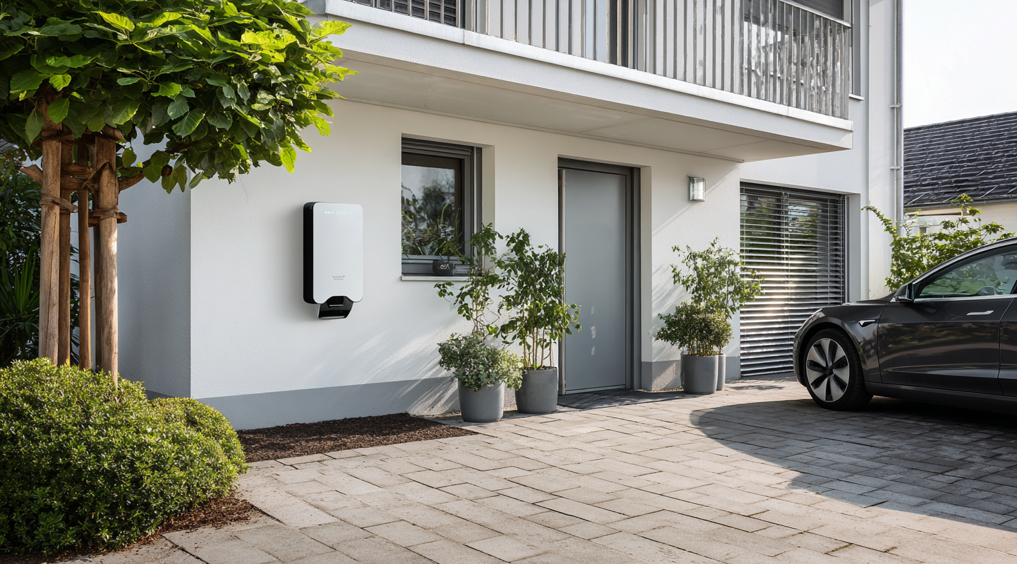 Bij een wit huis staan een wallbox en een elektrische auto geparkeerd buiten.