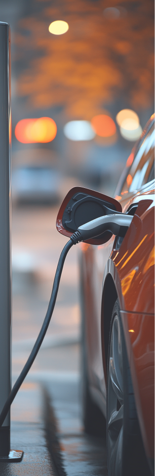 Rode elektrische auto wordt opgeladen bij een laadstation.