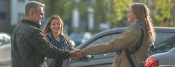 Een koppel houdt elkaars hand vast na de aankoop van een elektrische auto. Op de achtergrond zie je de verkoopster en de zwarte elektrische auto.