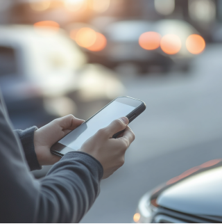 Close-up van een man met een mobiele telefoon in zijn hand, waarmee hij de communicatie regelt voor de verkoop van zijn elektrische auto. De motorkap van de zwarte elektrische auto is zichtbaar op de achtergrond.