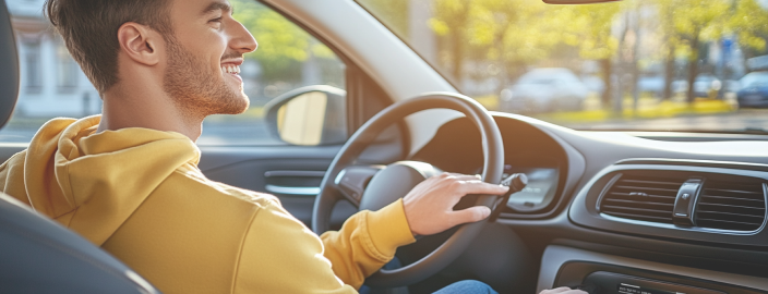 Een gelukkige man in een gele trui zit achter het stuur van een elektrische auto terwijl hij hem uittest.