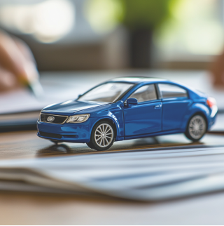 Een model van een blauwe elektrische auto staat op een tafel. Op de achtergrond wordt een contract voor de aankoop van een elektrische auto getekend.